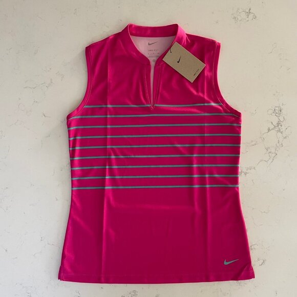 Nike Dri-Fit Athletic Slvless Mandarin Collar V NecK Poly Top Pink Grn Sz S NWT - Picture 9 of 9